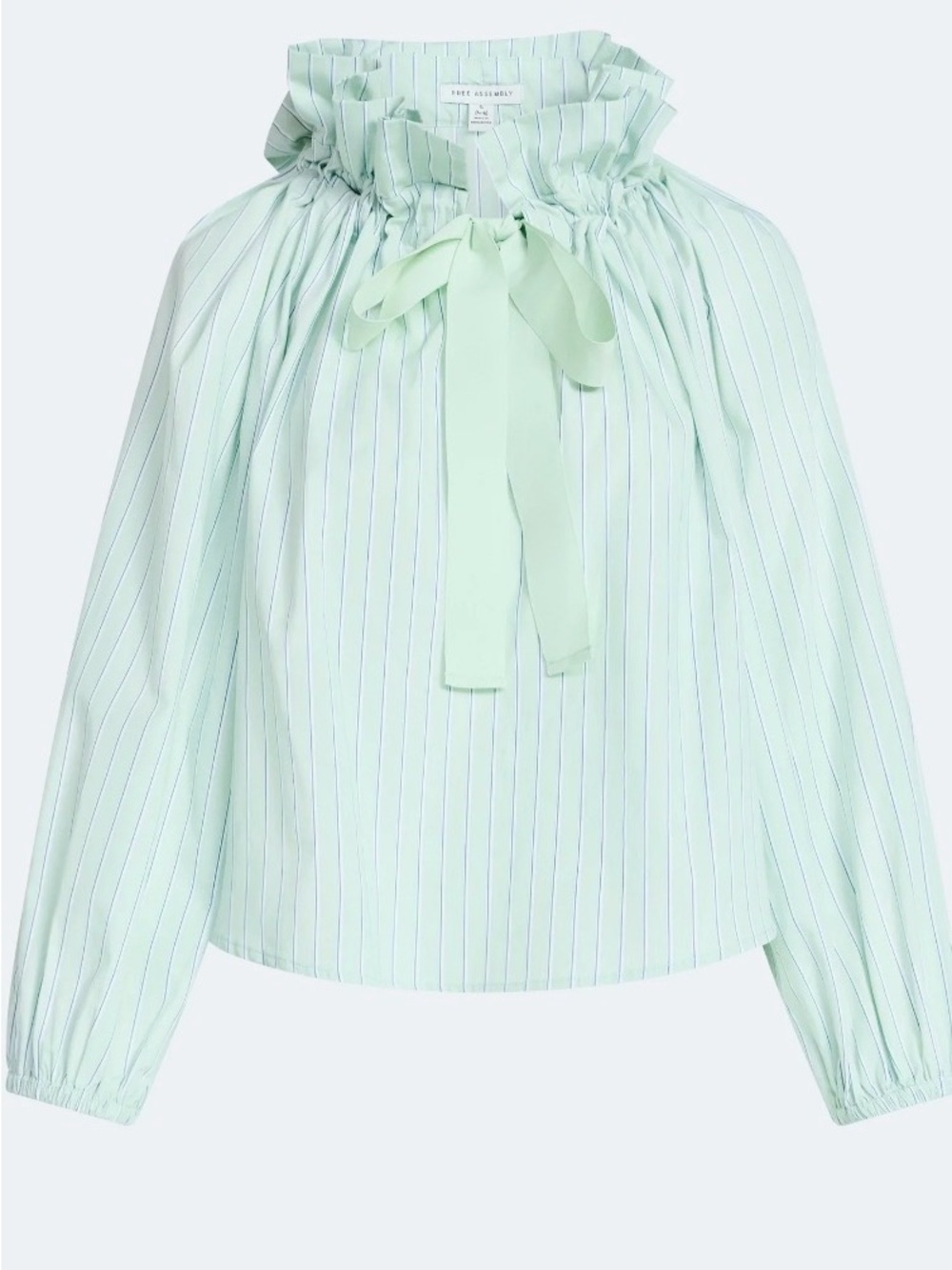 Soft Mint Stripe Ruffle-Neck Blouse with Tie
